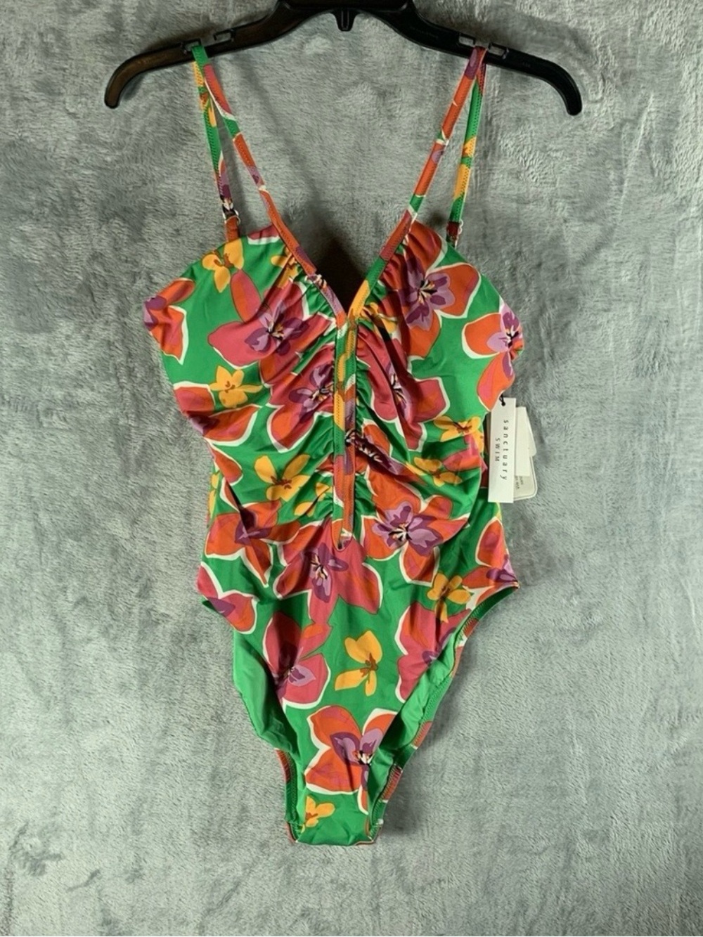 Sanctuary Swim Women's Swimsuite L One Piece Shirred Front Floral Print Green